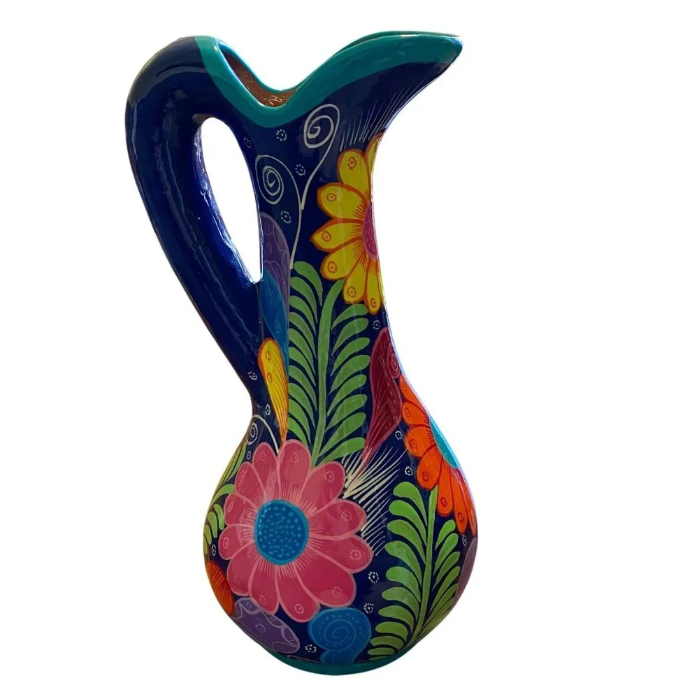 Terracotta hand-painted floral‎ jug bright boho unique clay flowers, Mexican